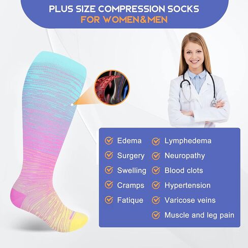LEVSOX Plus Size Compression Socks for Women Men Wide Calf Extra Large 15-20 mmHg Knee High Sock for Nurses Pregnant Travel in Kuwait