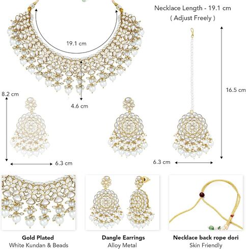 Aheli Silver مطلي بـ Kundan & Green Beads قلادة قلادة قلادة متدلية وأقراط Maangtikka مجموعة هدية للمجوهرات العرقية للنساء in Kuwait