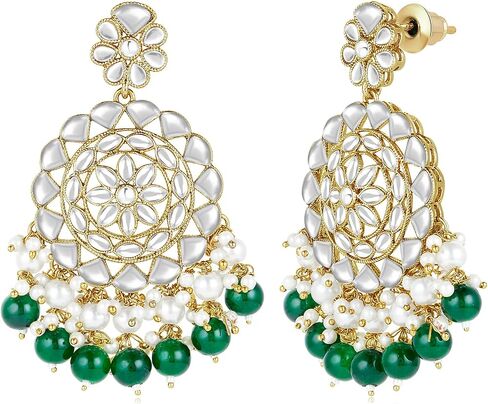 Aheli Silver مطلي بـ Kundan & Green Beads قلادة قلادة قلادة متدلية وأقراط Maangtikka مجموعة هدية للمجوهرات العرقية للنساء in Saudi Arabia