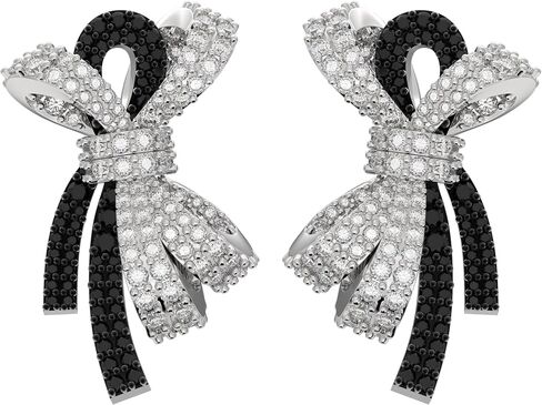 Gold-Plated Black and White Sparkling 5A Cubic Zirconia CZ Ribbon Bow Stud Earrings 丨925 Sterling Silver Ear Posts丨Trendy Anniversary and Birthday Gifts for Women in Saudi Arabia
