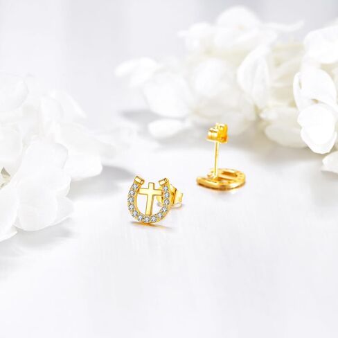 DOVRAN 14K Gold Leaf/Horseshoes/Daisy/Earrings for Women 14K Real Gold Pearl Stud Earrings Jewelry Gift for Women in Saudi Arabia