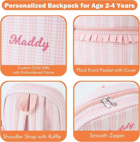 MT WORLD Ruffle Daycare Backpack Personalized Pink Gingham Backpack with Embroidered Name - 12inch Little Dancer Daypack with Lace - Small Daycare Bag for Travel Birthday Christmas Gifts in Saudi Arabia
