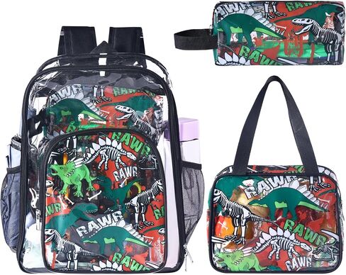 3PCS Clear Backpack Transparent Bookbag for Boy, Dinosaur Heavy Duty Primary School Backpack with Lunch Bag Elementary Students See Through Clear Bag in Kuwait