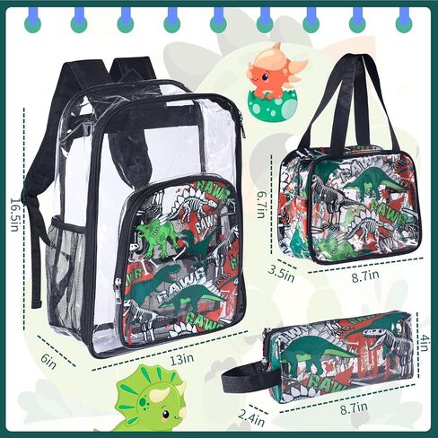 3PCS Clear Backpack Transparent Bookbag for Boy, Dinosaur Heavy Duty Primary School Backpack with Lunch Bag Elementary Students See Through Clear Bag in Kuwait