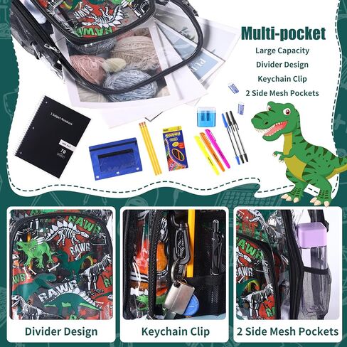 3PCS Clear Backpack Transparent Bookbag for Boy, Dinosaur Heavy Duty Primary School Backpack with Lunch Bag Elementary Students See Through Clear Bag in Kuwait