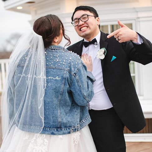 Bride Jean Jacket For Wedding, Customized Pearl Denim Bridal Jacket in Saudi Arabia