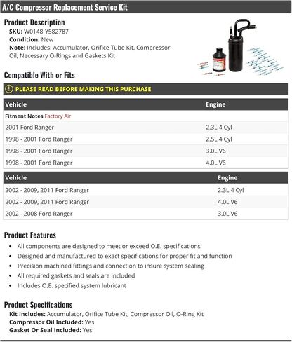مجموعة خدمة استبدال ضاغط A/C - Accumulator ، Orishing Tube Kit - متوافقة مع 1998-2009 ، 2011 Ford Ranger in Saudi Arabia