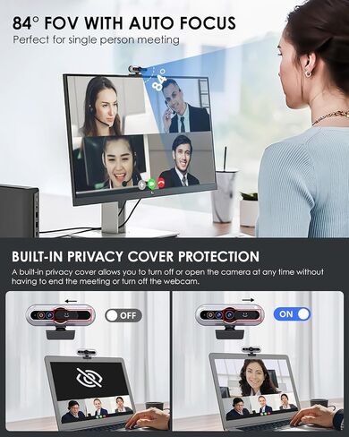 4K UHD Webcam, AI Tracking Webcams, WDR, 92° Wide Angle with Privacy Cover Laptop Camera, Built-in Noise-Canceling Dual Mics, Suitable for Live Streaming/Conference/Zoom Meeting in Kuwait