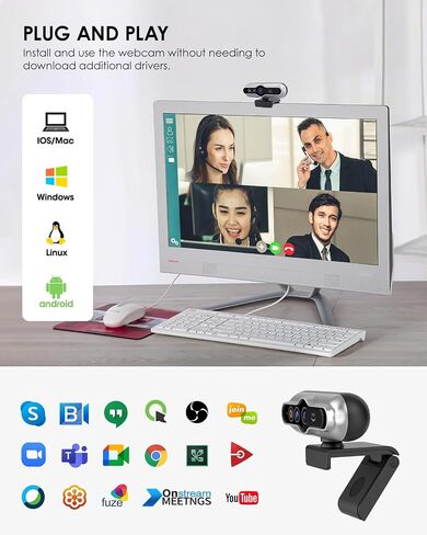 4K UHD Webcam, AI Tracking Webcams, WDR, 92° Wide Angle with Privacy Cover Laptop Camera, Built-in Noise-Canceling Dual Mics, Suitable for Live Streaming/Conference/Zoom Meeting in Kuwait