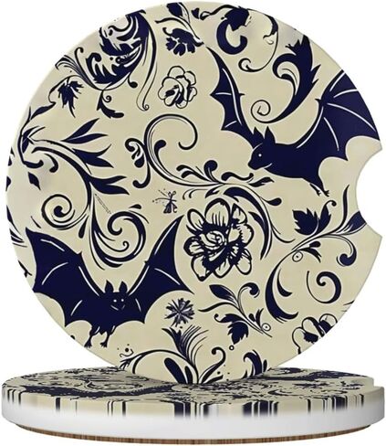 Car Cup Holder Coasters, 2 Pcs Ceramic Coasters with Cork Back and Finger Slot, Anti-Slip Shock Absorbing Women and Men Universal Car Accessories - Bat in Kuwait