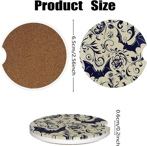 Car Cup Holder Coasters, 2 Pcs Ceramic Coasters with Cork Back and Finger Slot, Anti-Slip Shock Absorbing Women and Men Universal Car Accessories - Bat in Kuwait