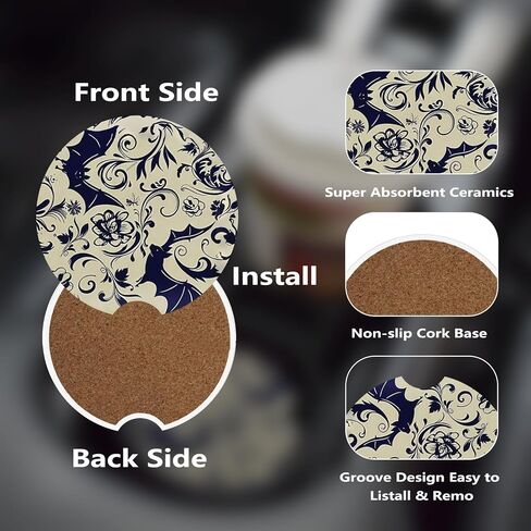 Car Cup Holder Coasters, 2 Pcs Ceramic Coasters with Cork Back and Finger Slot, Anti-Slip Shock Absorbing Women and Men Universal Car Accessories - Bat in Kuwait