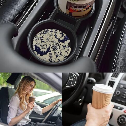 Car Cup Holder Coasters, 2 Pcs Ceramic Coasters with Cork Back and Finger Slot, Anti-Slip Shock Absorbing Women and Men Universal Car Accessories - Bat in Kuwait