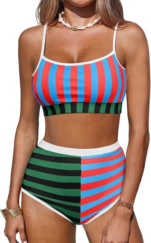 Saodimallsu Womens High Waisted Bikini Sets Color Block Striped 2 Piece Swimsuit Scoop Neck Beach Bathing Suits in Saudi Arabia