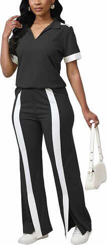 Fooullaide Women's Lounge 2 Peice Outfit Dressy Casual Short Sleeve Flared Slit Wide Leg Pants Set Match Sweatsuit in Kuwait