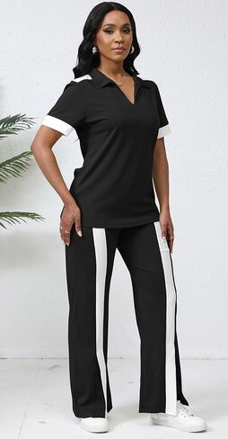 Fooullaide Women's Lounge 2 Peice Outfit Dressy Casual Short Sleeve Flared Slit Wide Leg Pants Set Match Sweatsuit in Kuwait