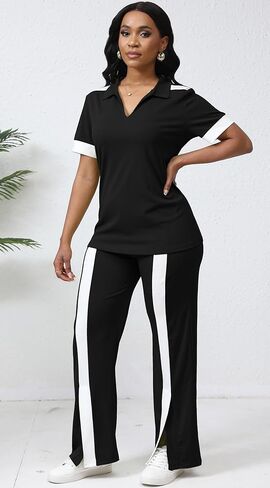 Fooullaide Women's Lounge 2 Peice Outfit Dressy Casual Short Sleeve Flared Slit Wide Leg Pants Set Match Sweatsuit in Kuwait