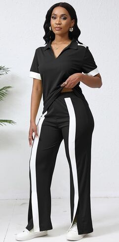 Fooullaide Women's Lounge 2 Peice Outfit Dressy Casual Short Sleeve Flared Slit Wide Leg Pants Set Match Sweatsuit in Kuwait