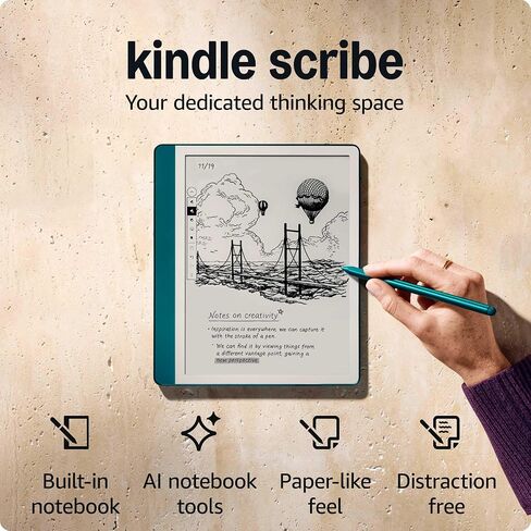 New Amazon Kindle Scribe (64GB) - Redesigned display with uniform borders. Now write directly on books and documents. With built-in notebook summarization. Includes Premium Pen - Metallic Jade in Kuwait