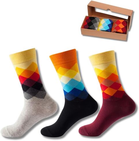 Men’s Cotton Crew Socks – Colorful Patterns for Casual Wear, Gift Set of 3 Pairs – Comfortable, Breathable, Lightweight Socks in Saudi Arabia