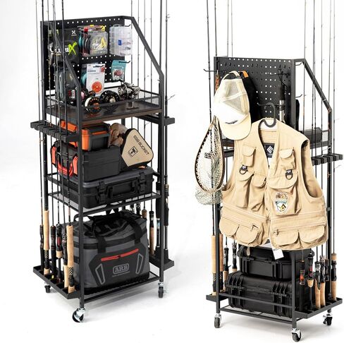 SOYEEZE Fishing Rod Holders for Garage,Fishing Pole holders,Fishing Gear Storage up to 12 Rods with Hooks and Wheels，Fishing Cart For Fishing Rod Tackle Box Reel Storage in Saudi Arabia