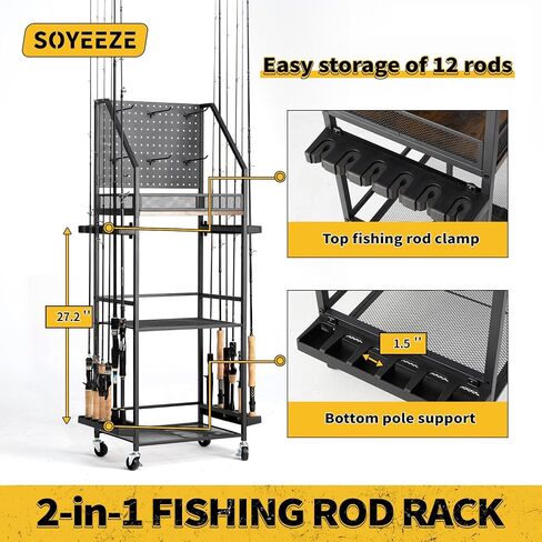 SOYEEZE Fishing Rod Holders for Garage,Fishing Pole holders,Fishing Gear Storage up to 12 Rods with Hooks and Wheels，Fishing Cart For Fishing Rod Tackle Box Reel Storage in Saudi Arabia