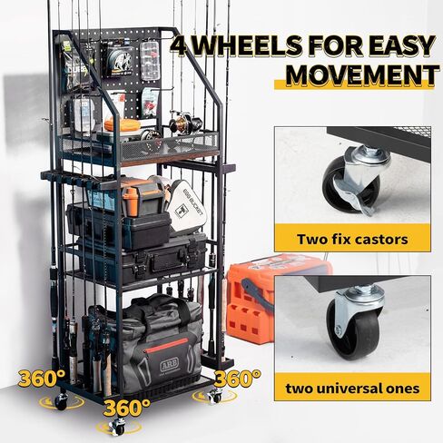 SOYEEZE Fishing Rod Holders for Garage,Fishing Pole holders,Fishing Gear Storage up to 12 Rods with Hooks and Wheels，Fishing Cart For Fishing Rod Tackle Box Reel Storage in Saudi Arabia
