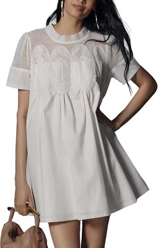 Womens Babydoll Lace Patchwork Dresses Crew Neck Summer Loose Mini Mesh Short Dress in Saudi Arabia