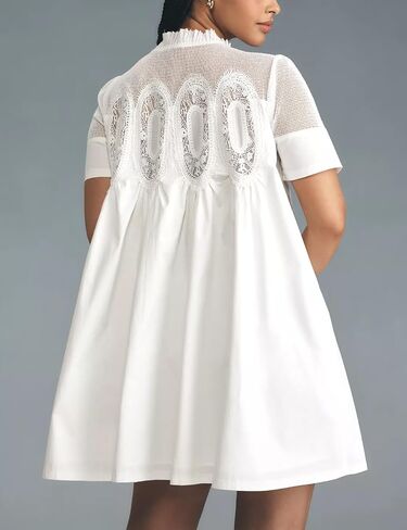 Womens Babydoll Lace Patchwork Dresses Crew Neck Summer Loose Mini Mesh Short Dress in Saudi Arabia
