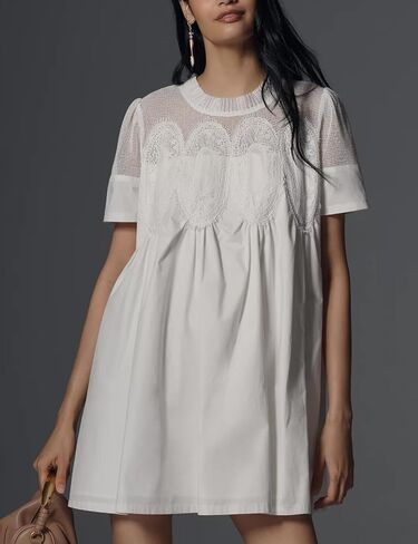 Womens Babydoll Lace Patchwork Dresses Crew Neck Summer Loose Mini Mesh Short Dress in Saudi Arabia