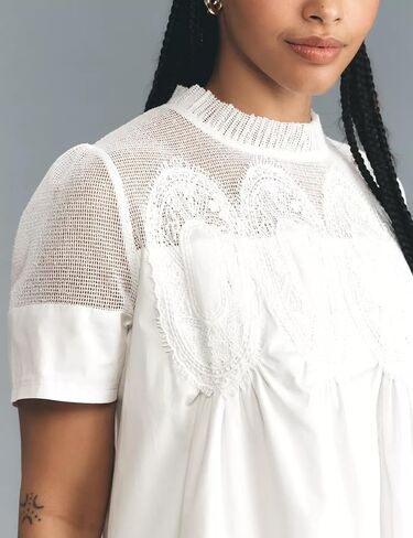 Womens Babydoll Lace Patchwork Dresses Crew Neck Summer Loose Mini Mesh Short Dress in Saudi Arabia