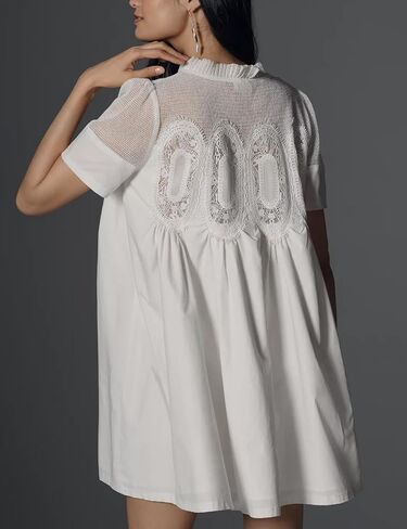 Womens Babydoll Lace Patchwork Dresses Crew Neck Summer Loose Mini Mesh Short Dress in Saudi Arabia