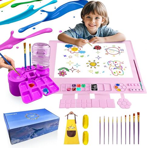 Painting Station,Children's Painting Set,Extra Large Silicone Painting Mat 23.62"X23.62" and Paint Brush Cleaner with 10 Paint Brushes and Kids Painting Apron（Blue） in Saudi Arabia