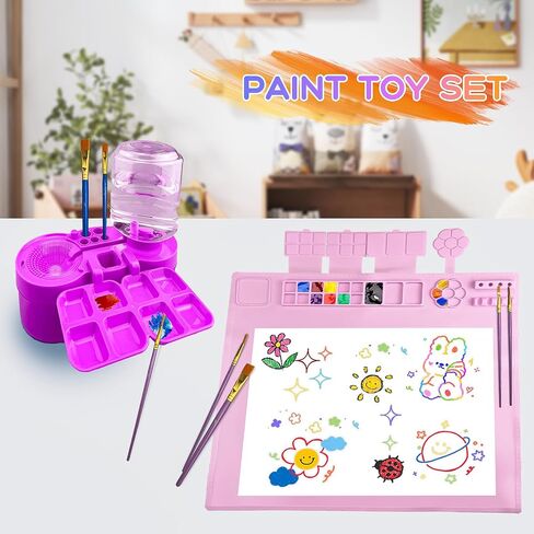 Painting Station,Children's Painting Set,Extra Large Silicone Painting Mat 23.62"X23.62" and Paint Brush Cleaner with 10 Paint Brushes and Kids Painting Apron（Blue） in Saudi Arabia