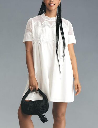 Womens Babydoll Lace Patchwork Dresses Crew Neck Summer Loose Mini Mesh Short Dress in Saudi Arabia
