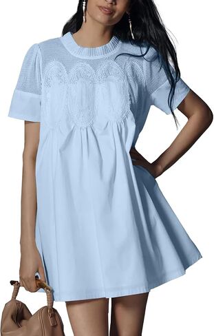 Womens Babydoll Lace Patchwork Dresses Crew Neck Summer Loose Mini Mesh Short Dress in Saudi Arabia
