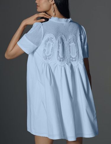 Womens Babydoll Lace Patchwork Dresses Crew Neck Summer Loose Mini Mesh Short Dress in Saudi Arabia