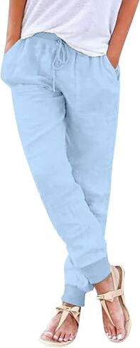 Cotton Linen Tapered Pants Women Summer Drawstring Back Elastic Waist Petite Pants Joggers Casual Beach Trousers with Pockets in Saudi Arabia