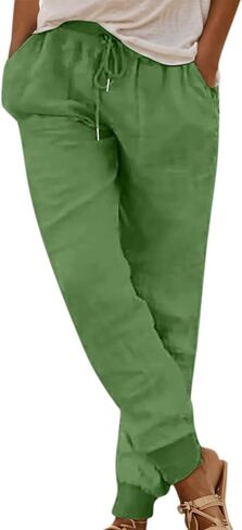 Cotton Linen Tapered Pants Women Summer Drawstring Back Elastic Waist Petite Pants Joggers Casual Beach Trousers with Pockets in Saudi Arabia
