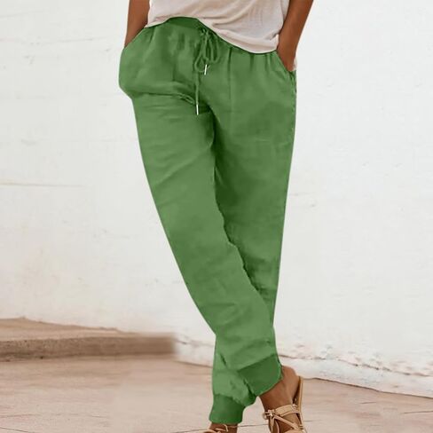 Cotton Linen Tapered Pants Women Summer Drawstring Back Elastic Waist Petite Pants Joggers Casual Beach Trousers with Pockets in Saudi Arabia
