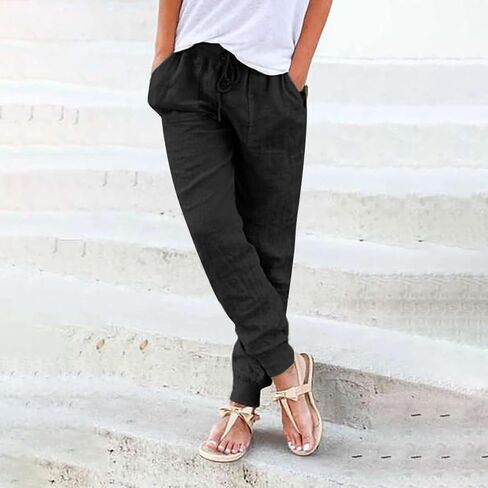 Cotton Linen Tapered Pants Women Summer Drawstring Back Elastic Waist Petite Pants Joggers Casual Beach Trousers with Pockets in Saudi Arabia