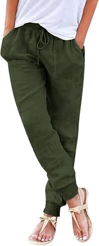 Cotton Linen Tapered Pants Women Summer Drawstring Back Elastic Waist Petite Pants Joggers Casual Beach Trousers with Pockets in Saudi Arabia
