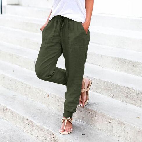 Cotton Linen Tapered Pants Women Summer Drawstring Back Elastic Waist Petite Pants Joggers Casual Beach Trousers with Pockets in Saudi Arabia