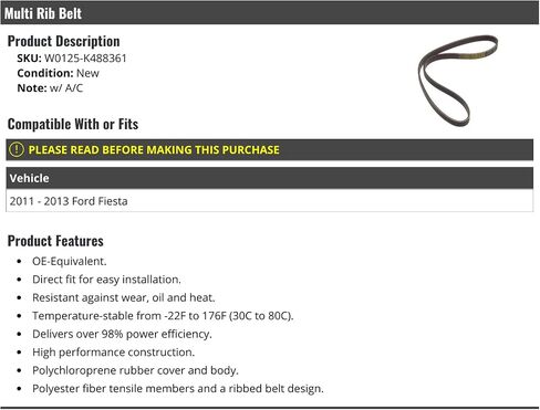 Multi Rib Serpentine Belt - Compatible with 2011-2013 Ford Fiesta with AC in Saudi Arabia