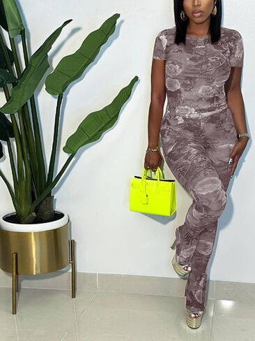 Two Piece Set Jumpsuit for Women Sexy Short Sleeve Floral Printed Mesh Bodycon Flared Pants Matching Set Club Outfits in Saudi Arabia