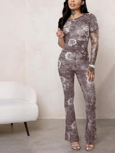 Two Piece Set Jumpsuit for Women Sexy Short Sleeve Floral Printed Mesh Bodycon Flared Pants Matching Set Club Outfits in Saudi Arabia