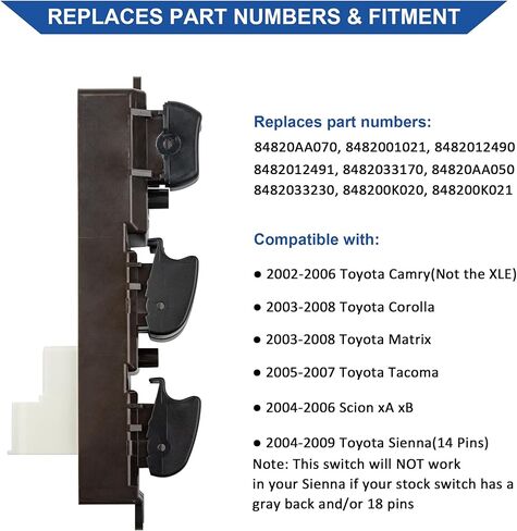 84820aa070 مفتاح نافذة الطاقة الجانبية للسائق ، متوافق مع 2002-2006 Toyota Camry ، 2003-2008 Corolla/Matrix ، 2004-2009 Sienna ، 2005-2007 Tacoma ، 2004-2006 Scion XA/XB ، استبدل 84820aa050 ، 14 Pins in Saudi Arabia