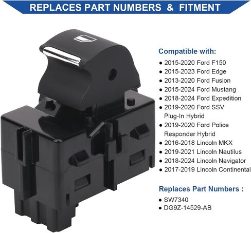 زر تبديل نافذة الطاقة على جانب الراكب المتوافق مع 2013-2024 Ford Edge/F150/Fusion/Mustang/Expedition ، 2017-2024 Lincoln Continental/MKX/Navigator ، يحل محل OEM SW7340 in Saudi Arabia