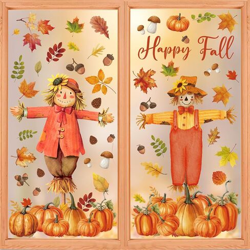 9 Sheets Fall Scarecrow Window Clings Thanksgiving Pumpkin Maple Leaves Window Decals Double-Sided Fall Leaves Scarecrow Windows Clings for Autumn Harvest Thanksgiving School Office Home Glass Decor in Saudi Arabia