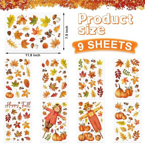 9 Sheets Fall Scarecrow Window Clings Thanksgiving Pumpkin Maple Leaves Window Decals Double-Sided Fall Leaves Scarecrow Windows Clings for Autumn Harvest Thanksgiving School Office Home Glass Decor in Saudi Arabia
